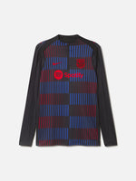 FC Barcelona long sleeve training top with red and blue striped pattern and red logos.
