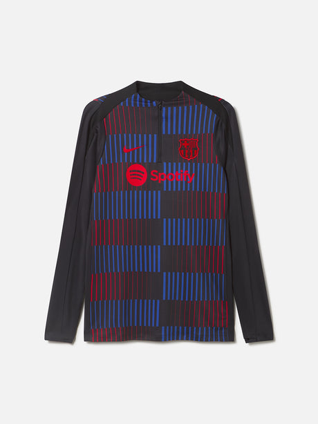 FC Barcelona long sleeve training top with red and blue striped pattern and red logos.
