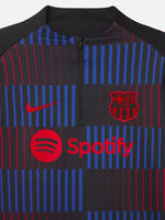 FC Barcelona long sleeve training top with red and blue striped pattern and red logos.