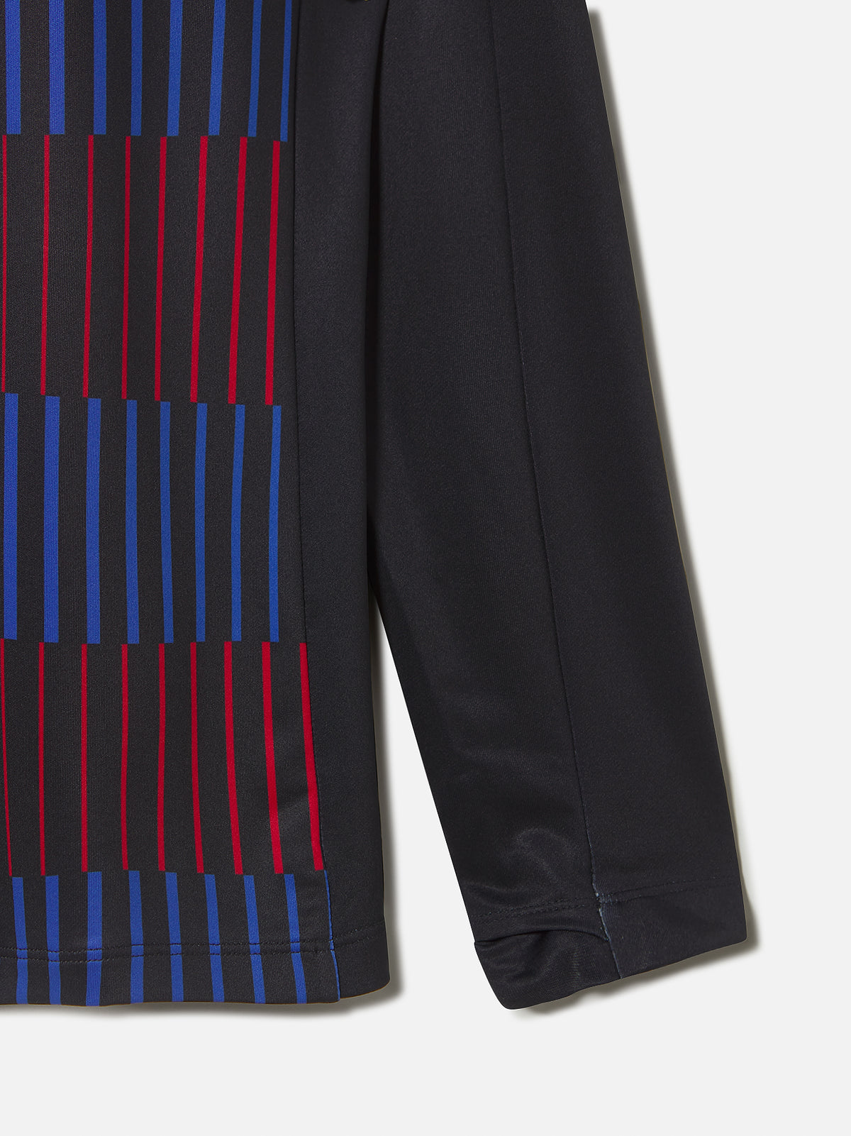 FC Barcelona long sleeve training top with red and blue striped pattern and red logos.