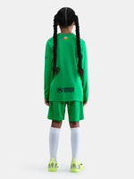 Matching green goalkeeper shorts with Barça crest and Nike swoosh. 