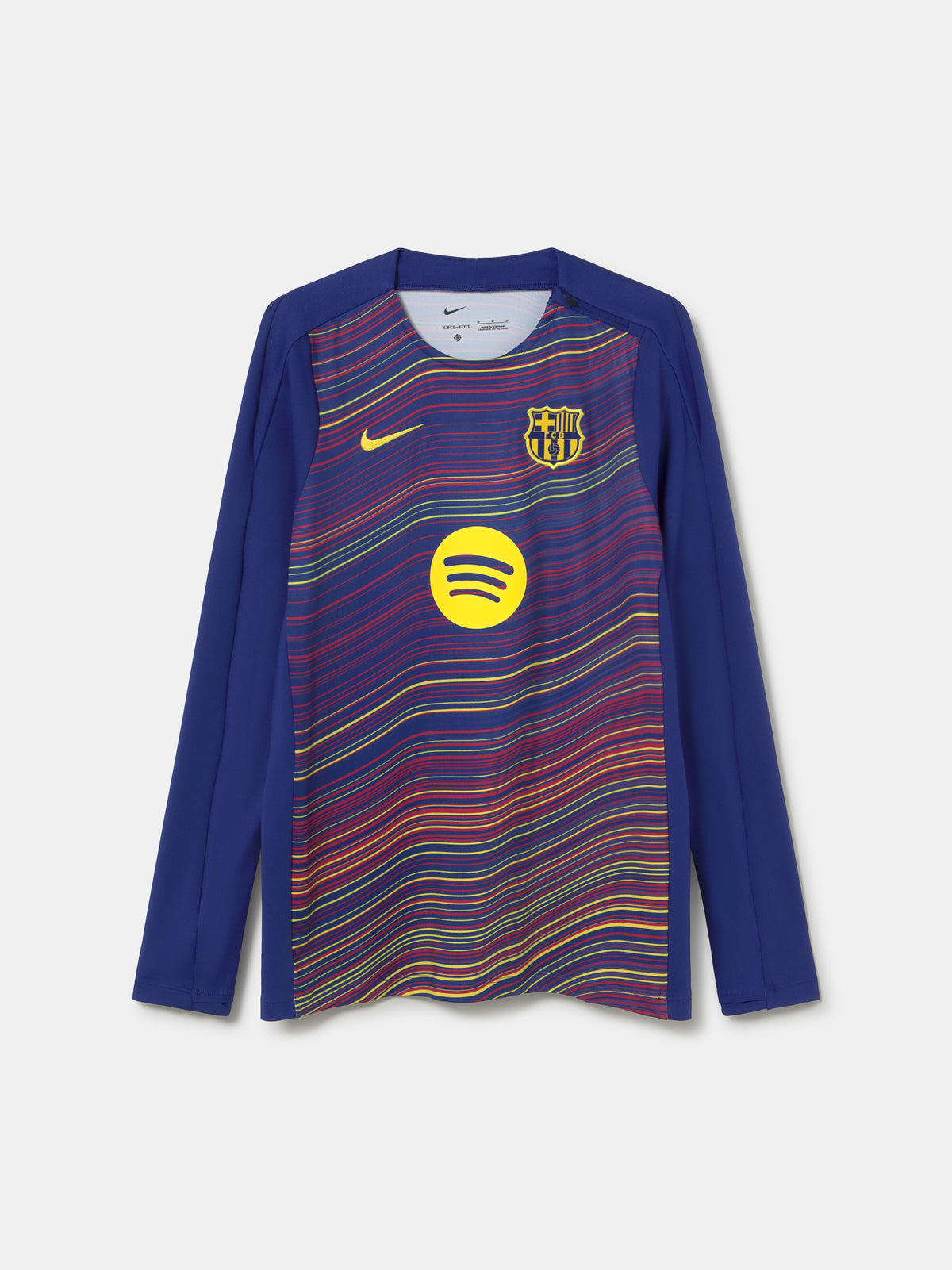 FC Barcelona long-sleeve Nike jersey with multicolor wave pattern, yellow swoosh, club crest, and Spotify logo on the front