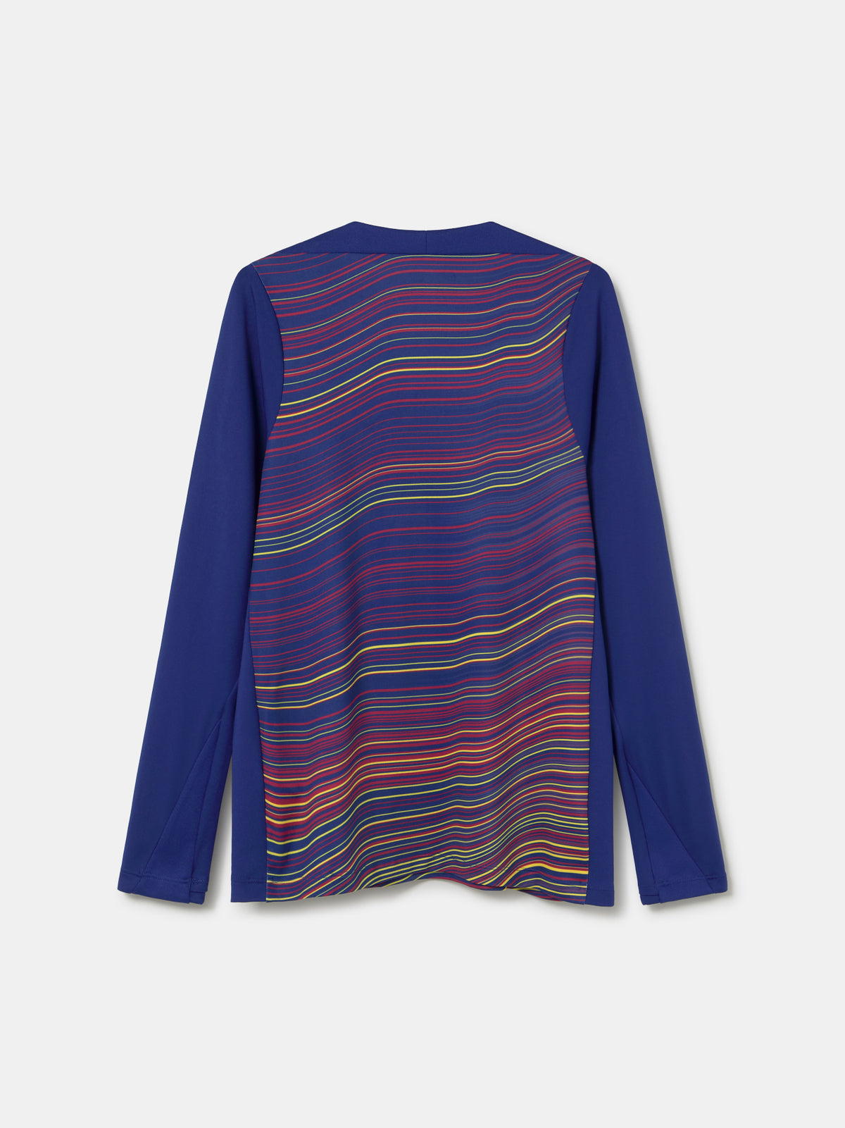 FC Barcelona long-sleeve Nike jersey with multicolor wave pattern, yellow swoosh, club crest, and Spotify logo on the front