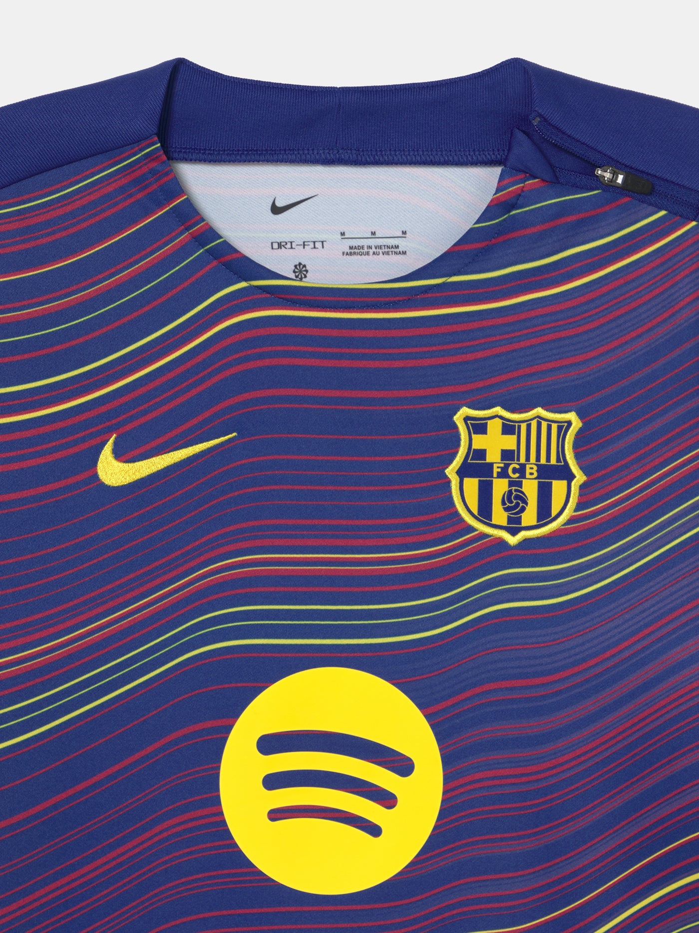 FC Barcelona long-sleeve Nike jersey with multicolor wave pattern, yellow swoosh, club crest, and Spotify logo on the front