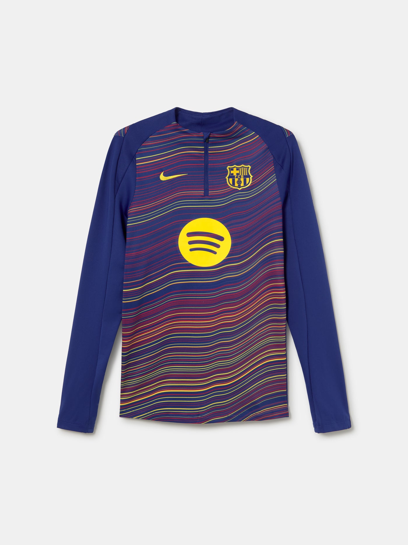 Front view of FC Barcelona 25/26 long-sleeve training top with wavy multicolor pattern, Spotify logo, Nike swoosh, and club crest.