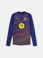 Front view of FC Barcelona 25/26 long-sleeve training top with wavy multicolor pattern, Spotify logo, Nike swoosh, and club crest.