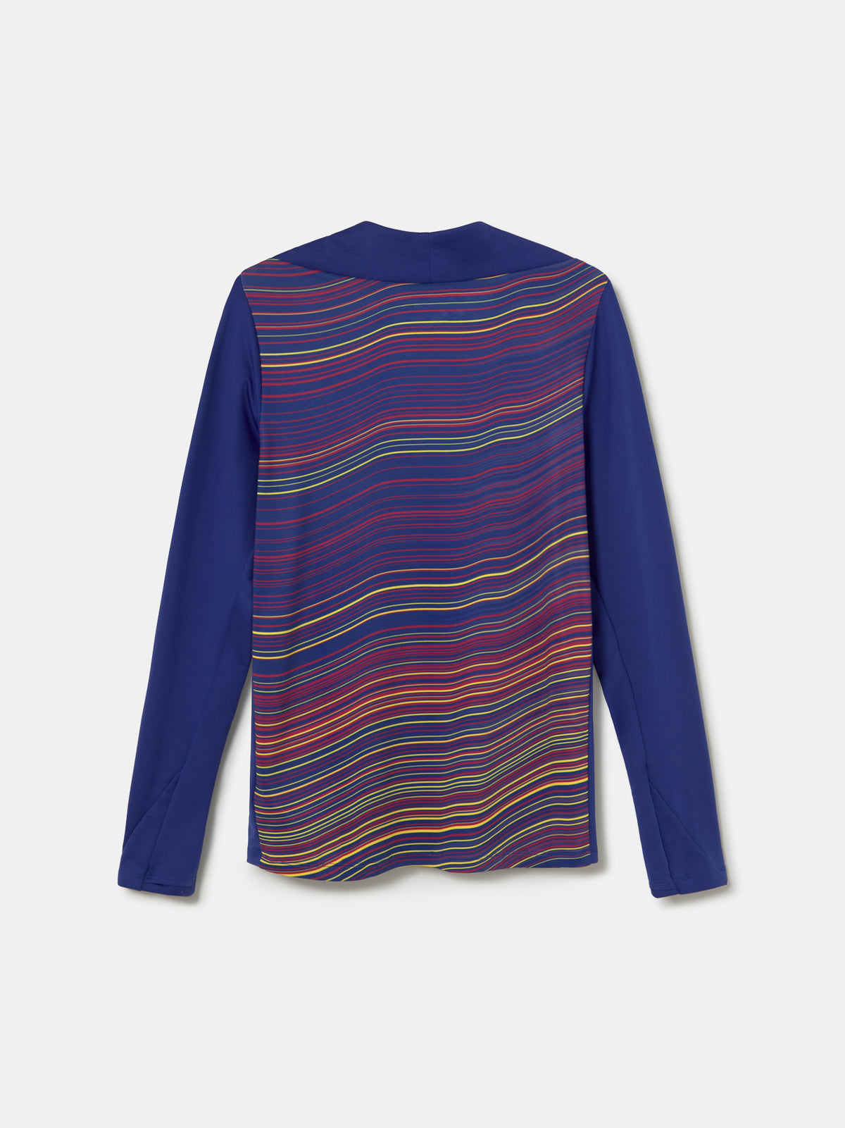 Back view of FC Barcelona 25/26 long-sleeve training top with wavy multicolor pattern, Spotify logo, Nike swoosh, and club crest.