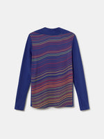 Back view of FC Barcelona 25/26 long-sleeve training top with wavy multicolor pattern, Spotify logo, Nike swoosh, and club crest.