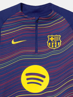 Front view of FC Barcelona 25/26 long-sleeve training top with wavy multicolor pattern, Spotify logo, Nike swoosh, and club crest.