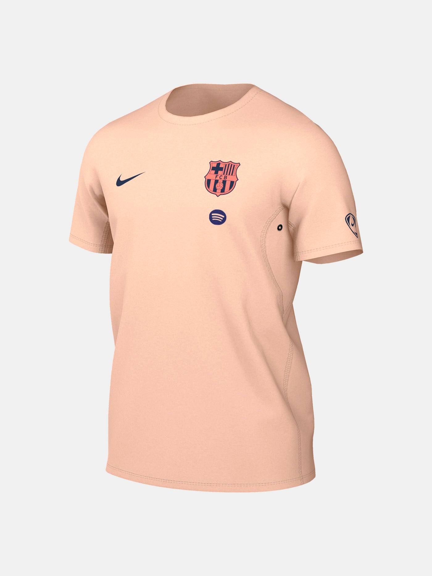 Light pink FC Barcelona Nike t-shirt with short sleeves, featuring the club crest and Spotify sponsor on the chest