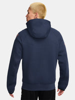 Navy FC Barcelona Nike zip-up hoodie featuring red crest and Nike swoosh on the chest.