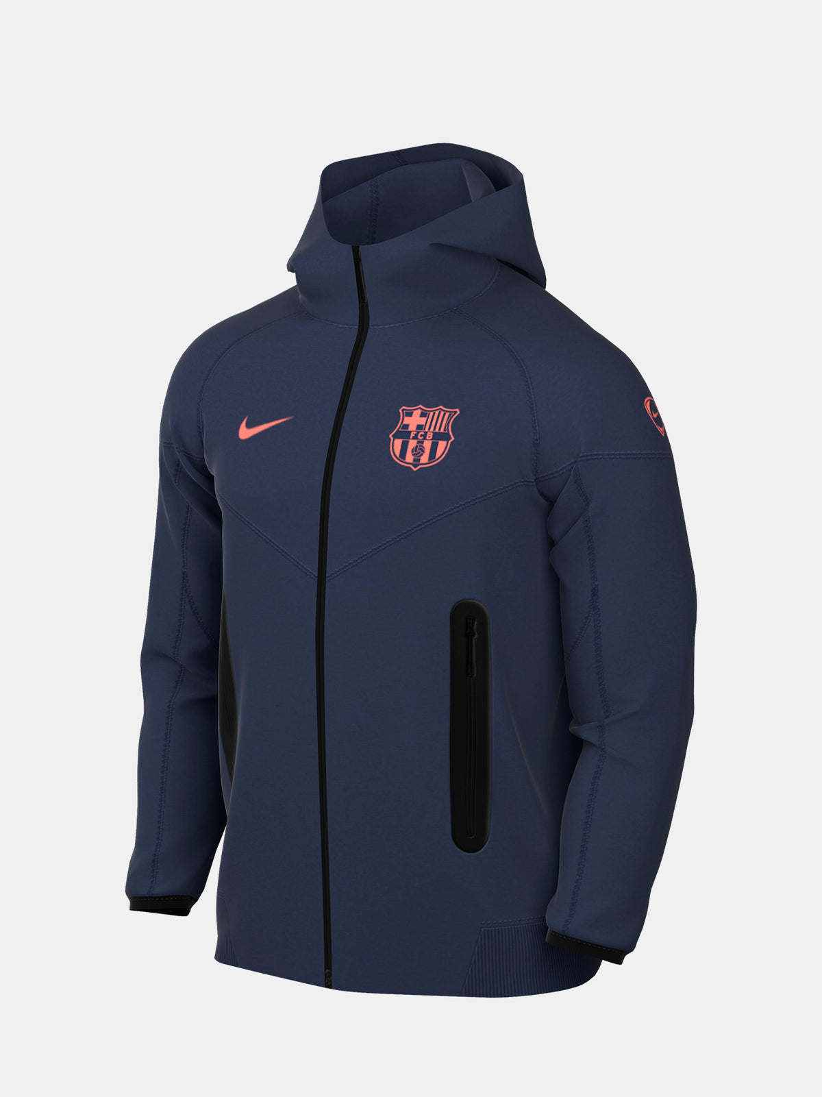 Navy FC Barcelona Nike zip-up hoodie featuring red crest and Nike swoosh on the chest.