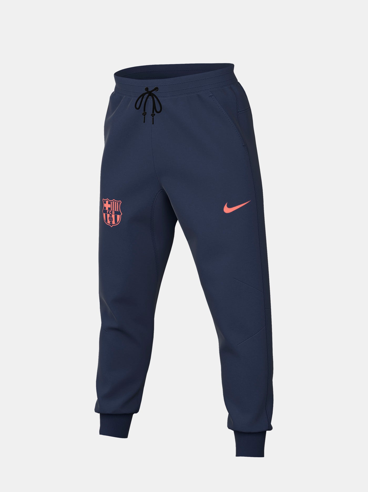 Navy FC Barcelona Nike jogger pants with red crest and Nike swoosh on the front.