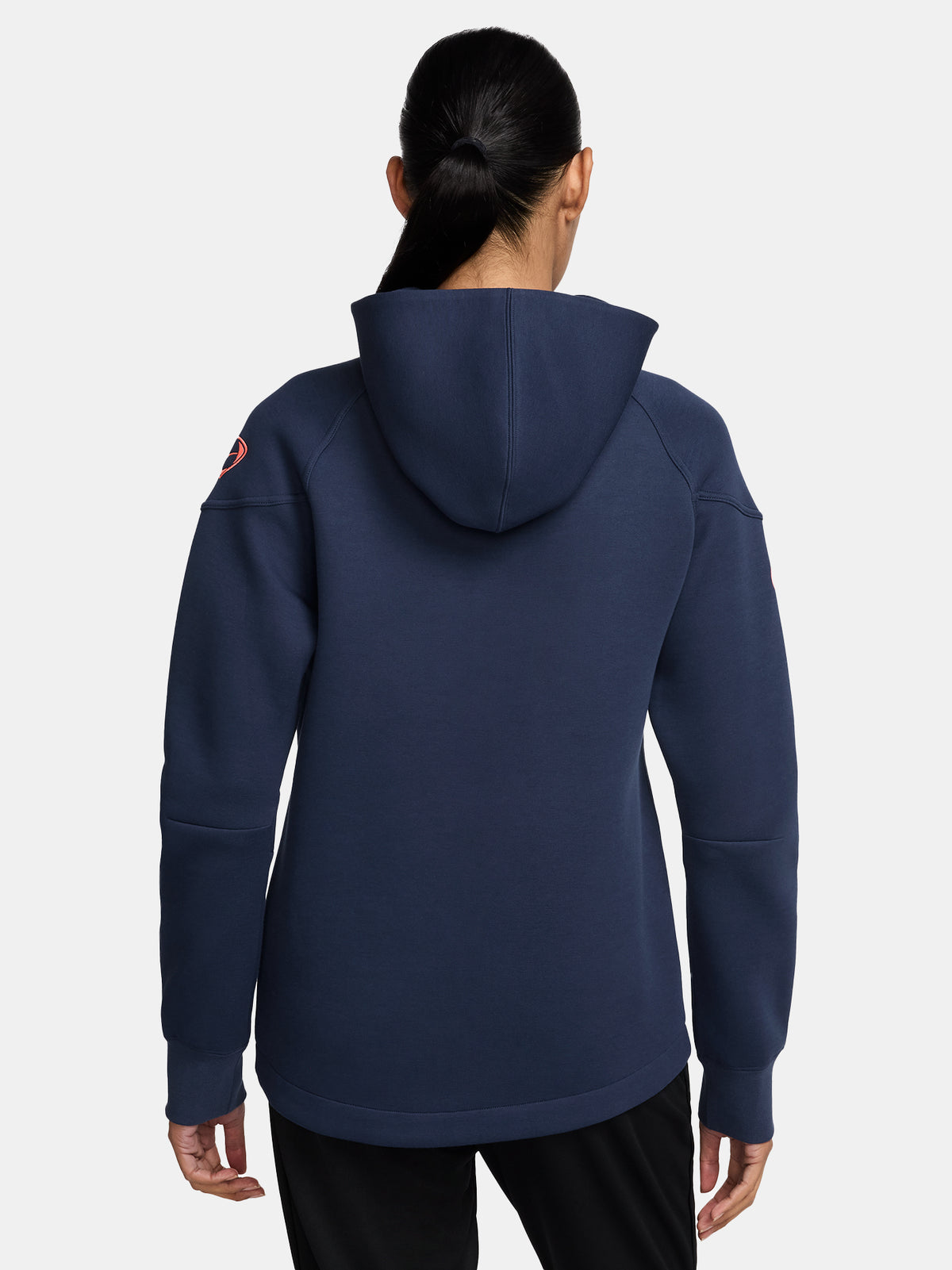 Navy FC Barcelona Nike zip-up hoodie featuring red crest and Nike swoosh on the chest.