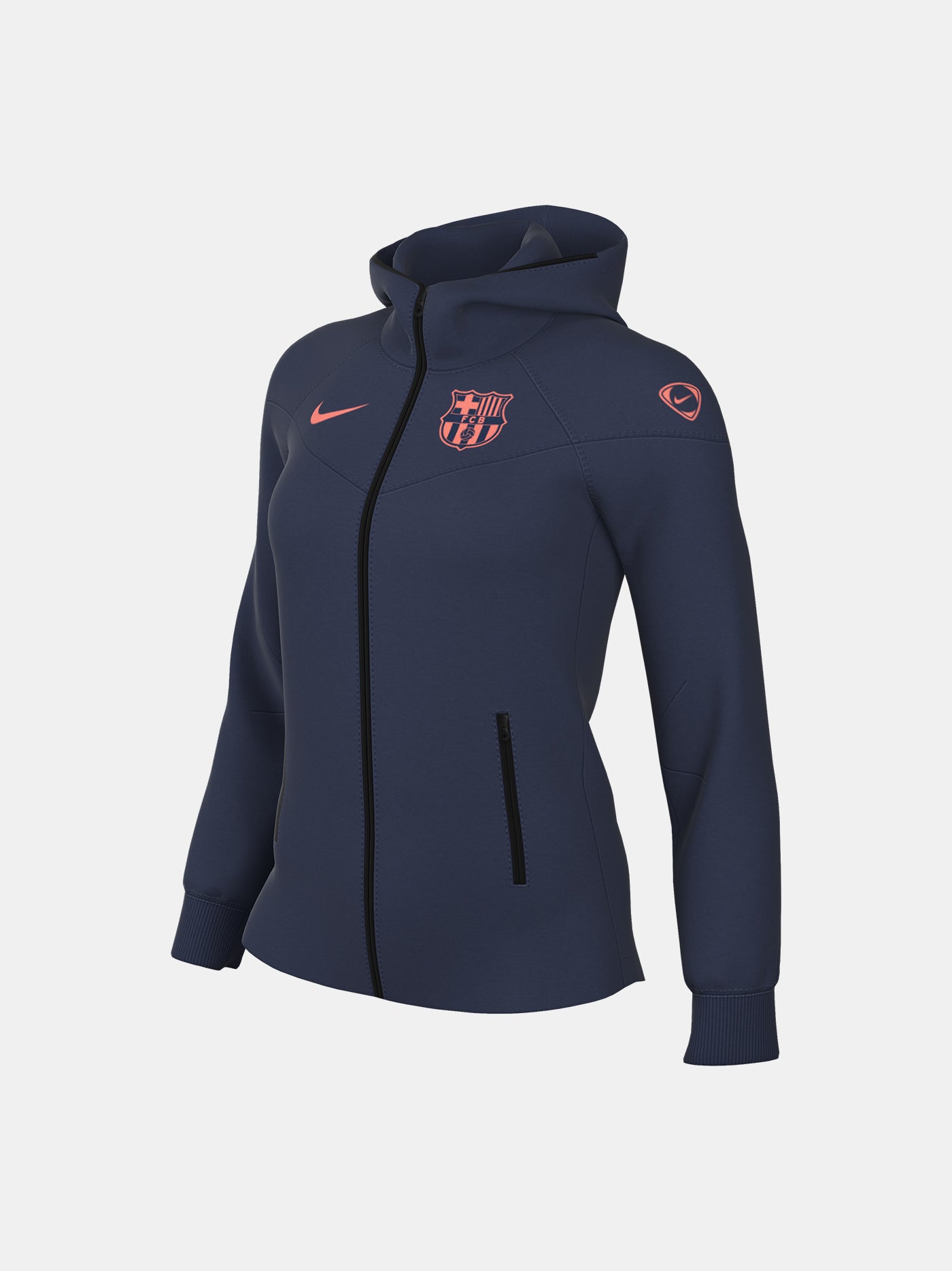 Navy FC Barcelona Nike zip-up hoodie featuring red crest and Nike swoosh on the chest.
