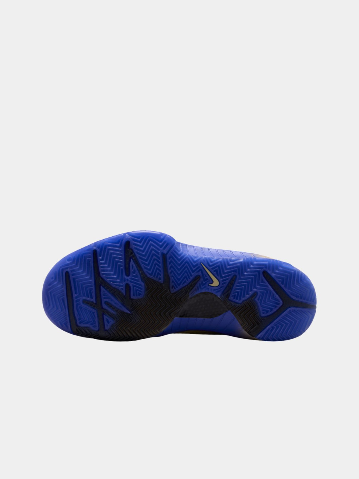 Blue athletic shoe with black sole on a white background