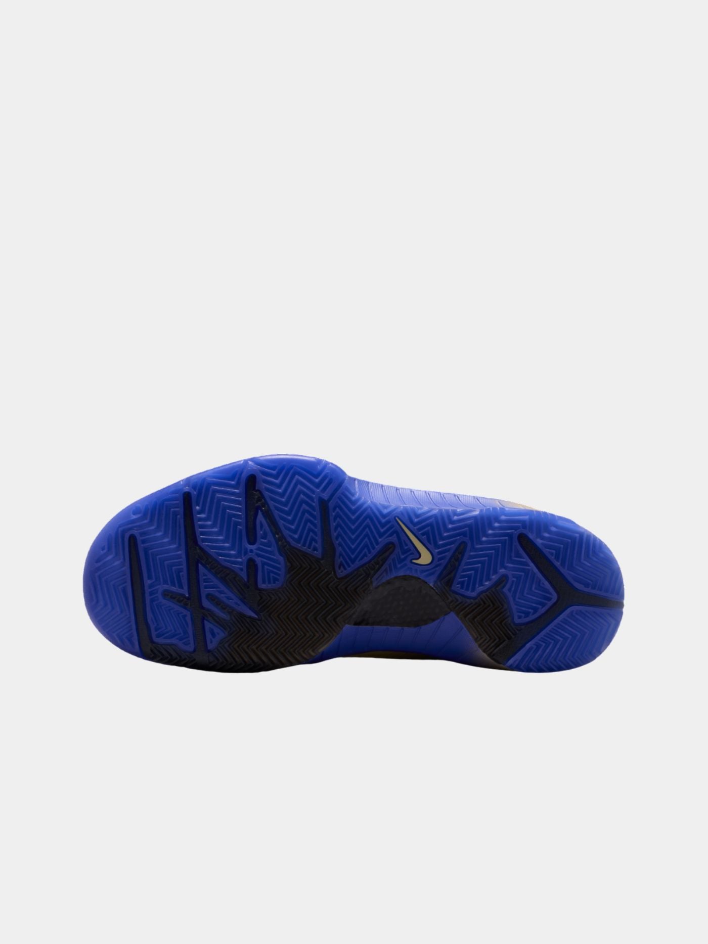 Blue athletic shoe with black sole on a white background