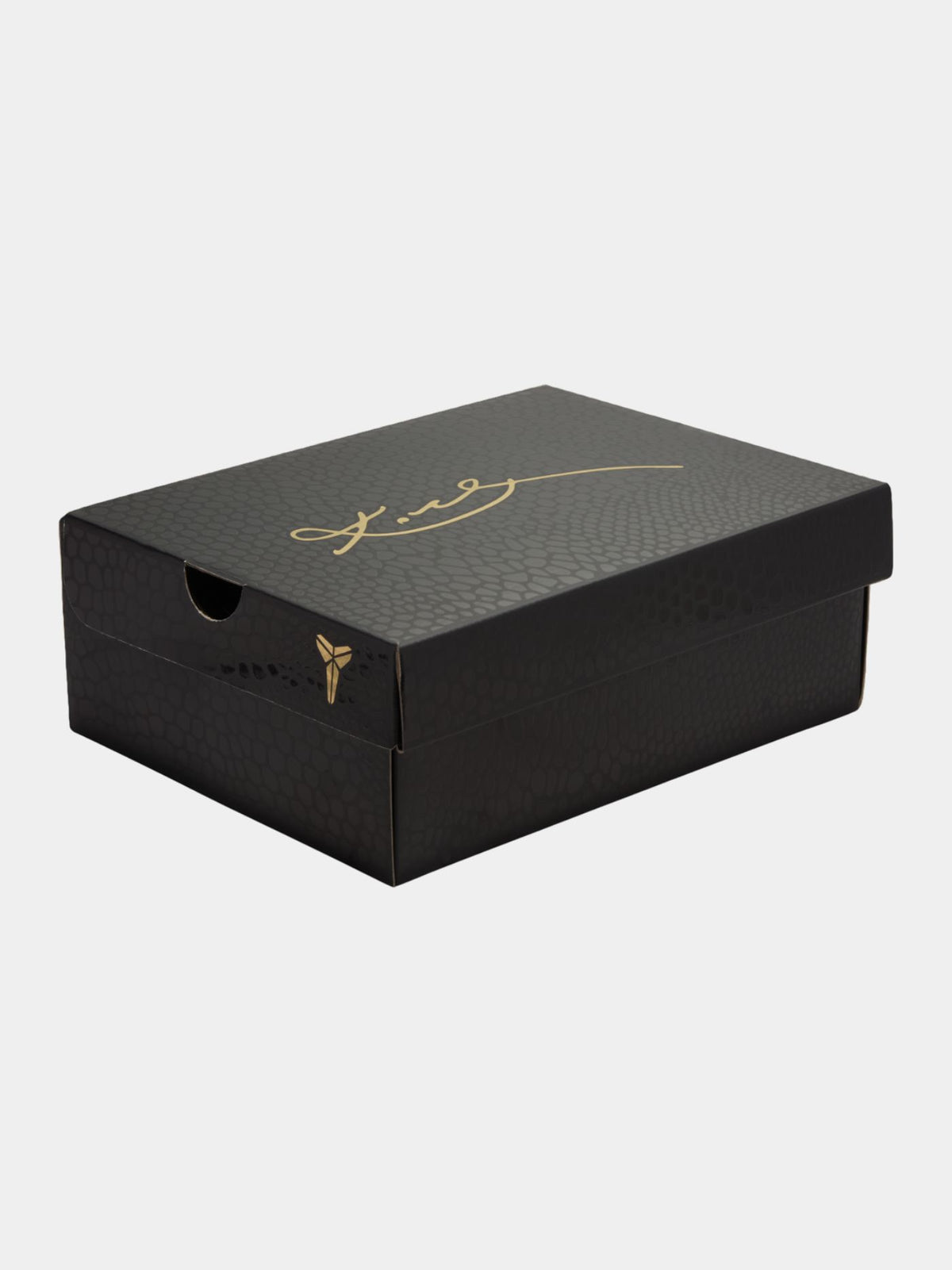 Black shoe box with gold logo and text on a white background