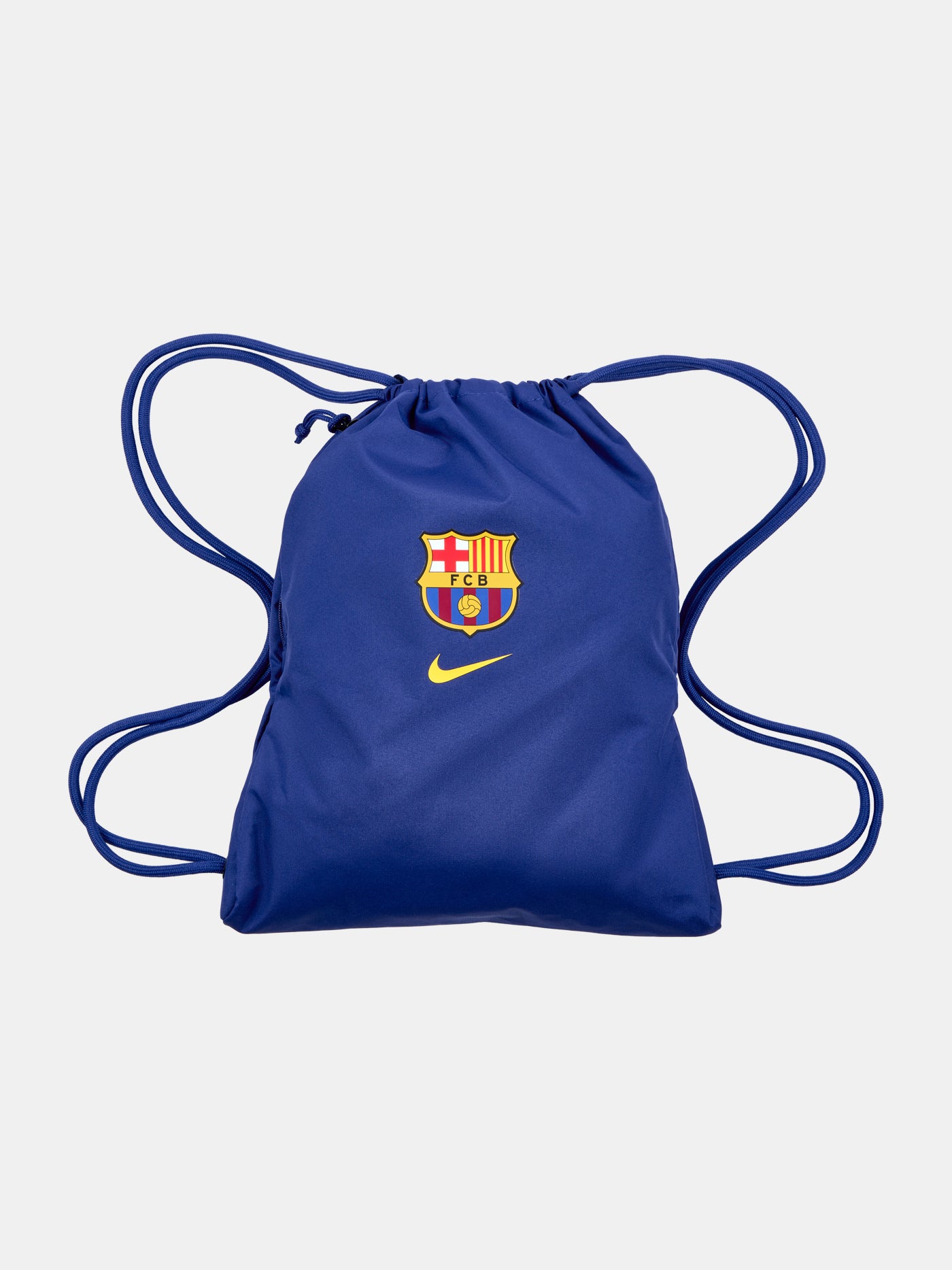 FC Barcelona gym sack in signature blaugrana blue, featuring the club crest and yellow Nike swoosh on the front. Lightweight and versatile, with a secure drawstring closure that doubles as shoulder straps—perfect for quick training sessions or everyday carry.
