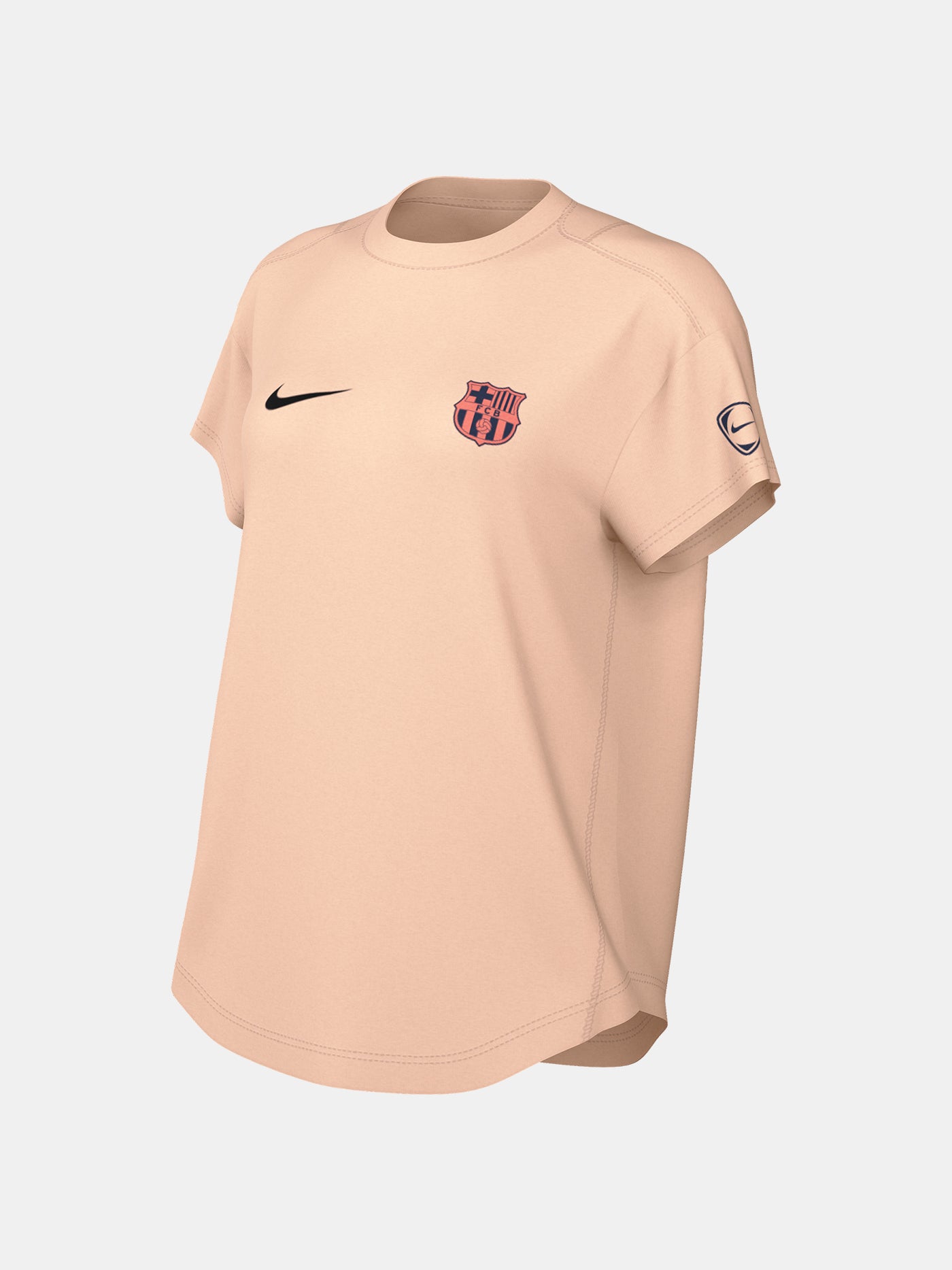 Light peach FC Barcelona Nike women's t-shirt with short sleeves and club crest on the chest.