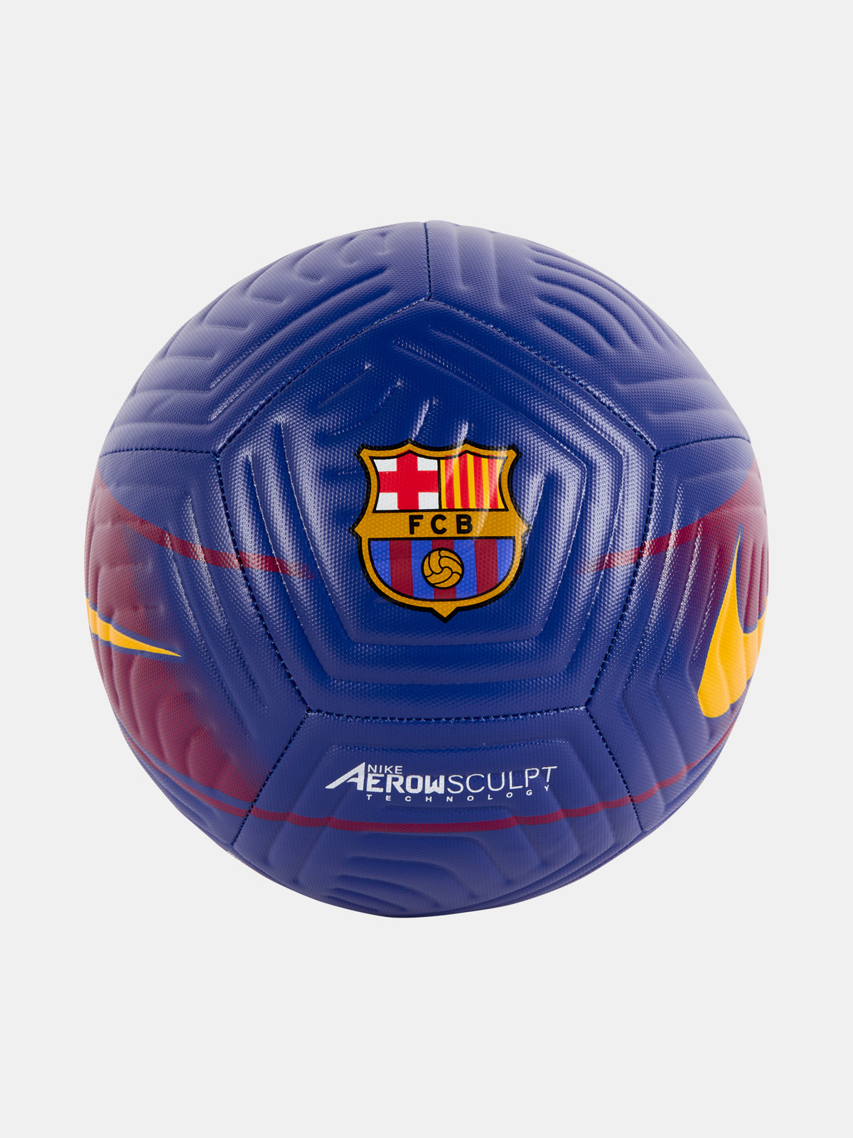 Blue FC Barcelona soccer ball with club crest, Nike logos, and Aerowsculpt technology design