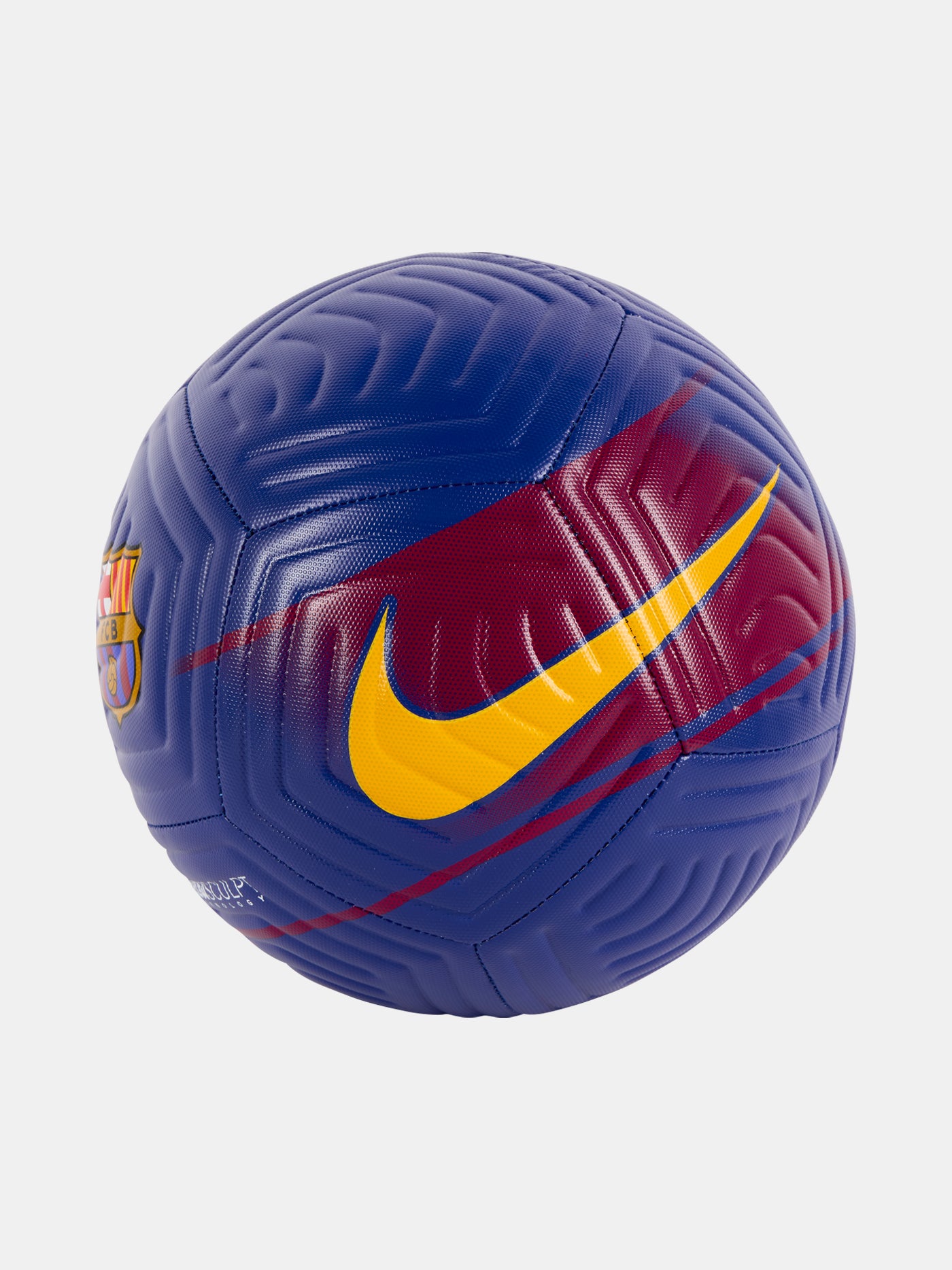 Blue FC Barcelona soccer ball with club crest, Nike logos, and Aerowsculpt technology design