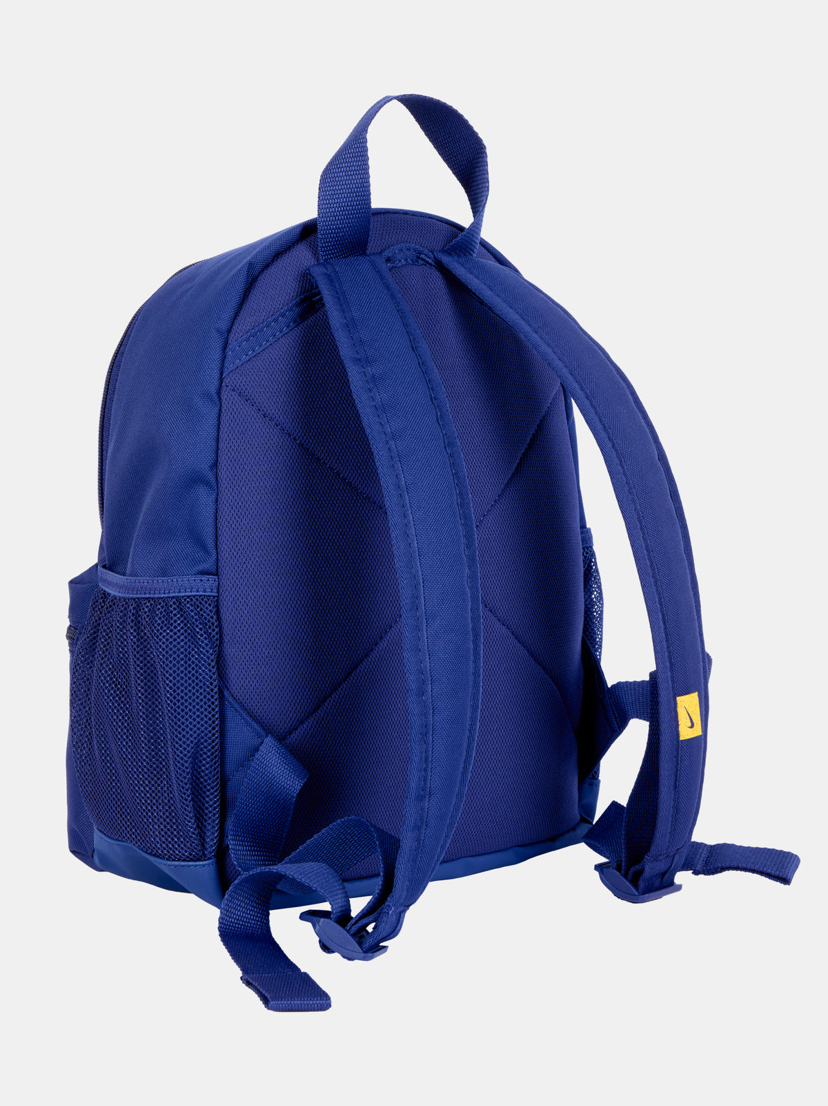 Mini FC Barcelona backpack in bold royal blue, featuring the Barça crest and yellow Nike swoosh on the front. Includes a front zip pocket, side mesh compartments, and a top handle. Finished with a black “JUST DO IT.” tag for a sporty touch.
