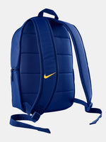 FC Barcelona 2025/26 backpack in deep royal blue, featuring the iconic club crest and a yellow Nike swoosh on the front. Includes a large main compartment, a front zip pocket for essentials, and padded shoulder straps for comfort.
