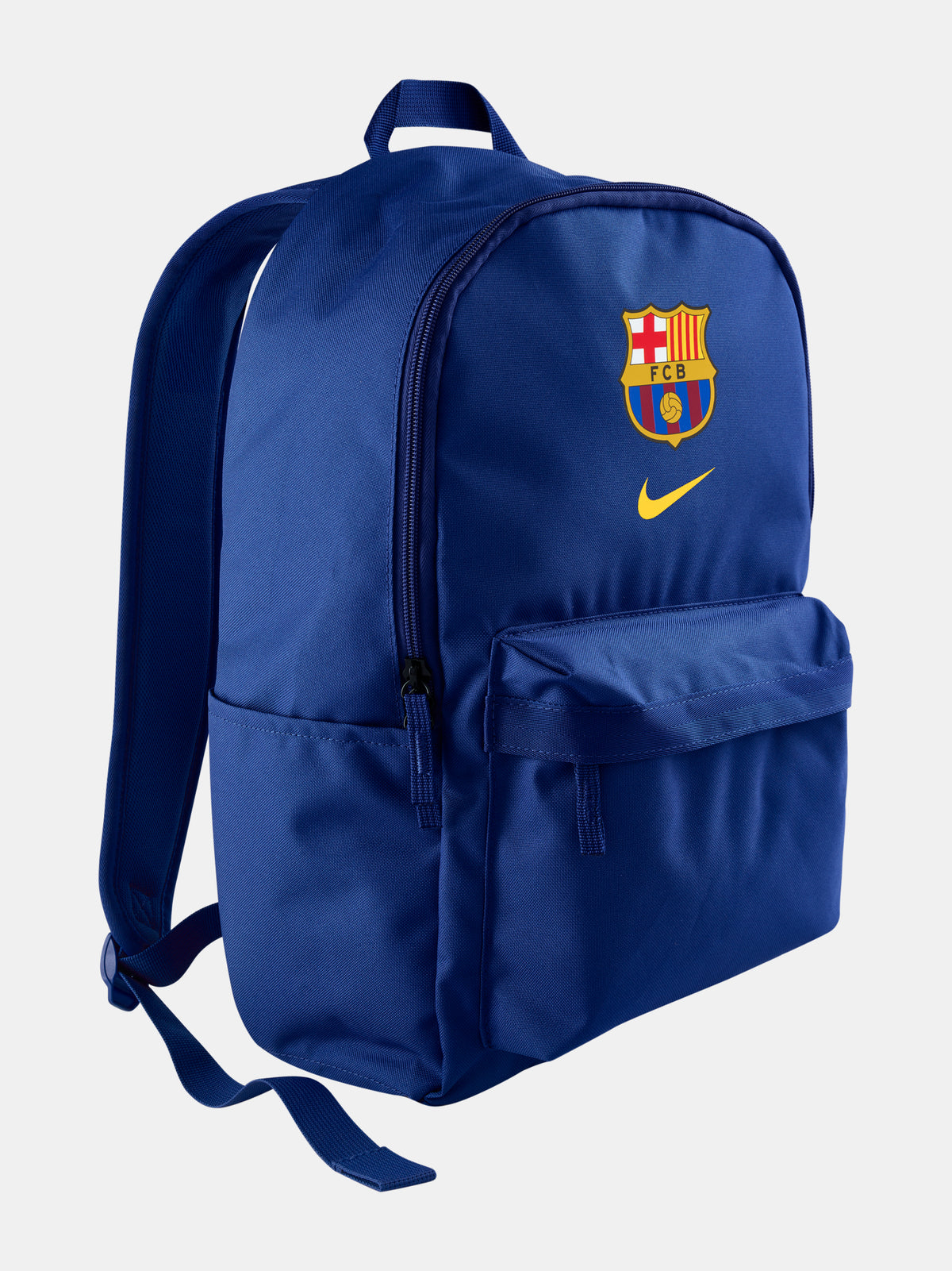 FC Barcelona 2025/26 backpack in deep royal blue, featuring the iconic club crest and a yellow Nike swoosh on the front. Includes a large main compartment, a front zip pocket for essentials, and padded shoulder straps for comfort.
