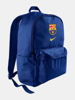 FC Barcelona 2025/26 backpack in deep royal blue, featuring the iconic club crest and a yellow Nike swoosh on the front. Includes a large main compartment, a front zip pocket for essentials, and padded shoulder straps for comfort.

