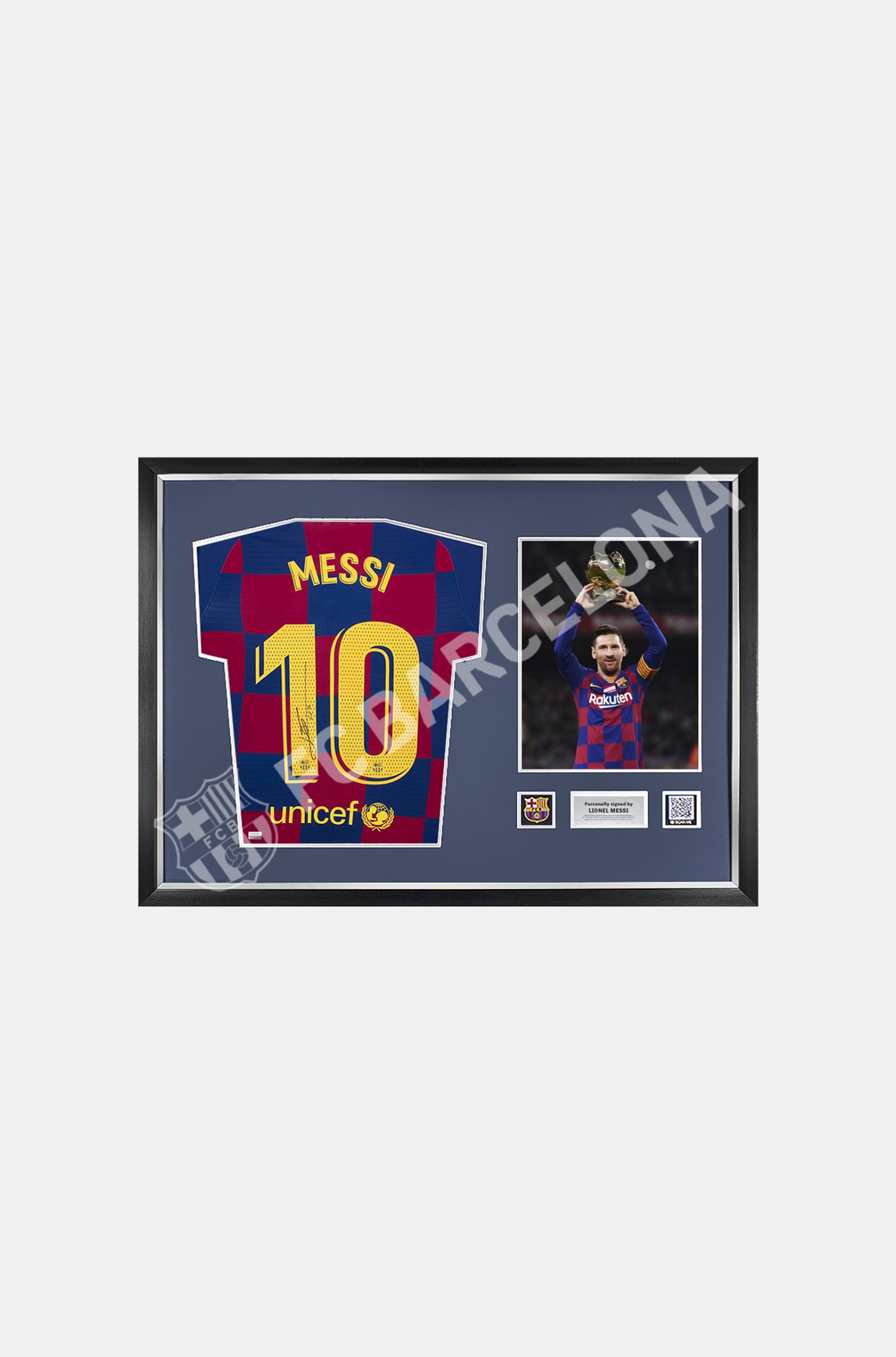 Special edition 7th Ballon d'Or match shirt of the FC Barcelona home kit for the 19/20 season signed by Leo Messi.
