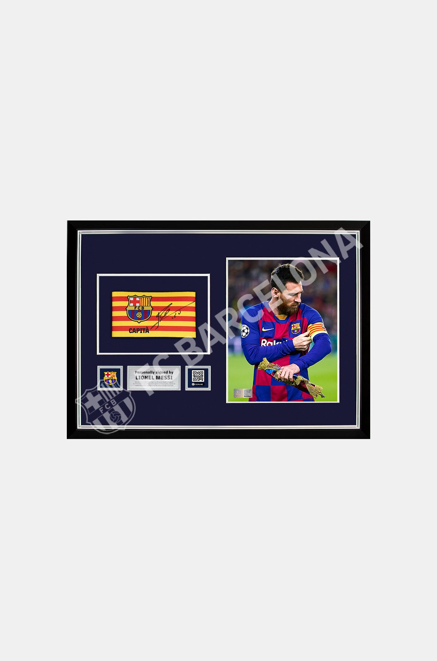 Official FC Barcelona Captain’s Armband, signed by Leo Messi.