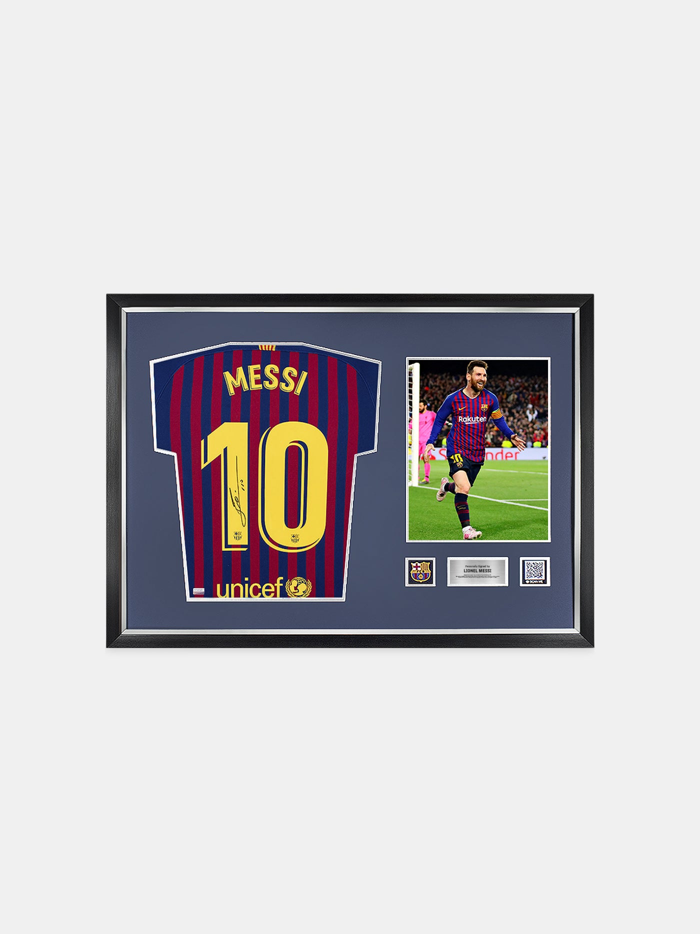 MESSI | Offizielles, signiertes und gerahmtes Heimtrikot 2018-19 von Lionel Messi mit der Rückseite des FC Barcelona
