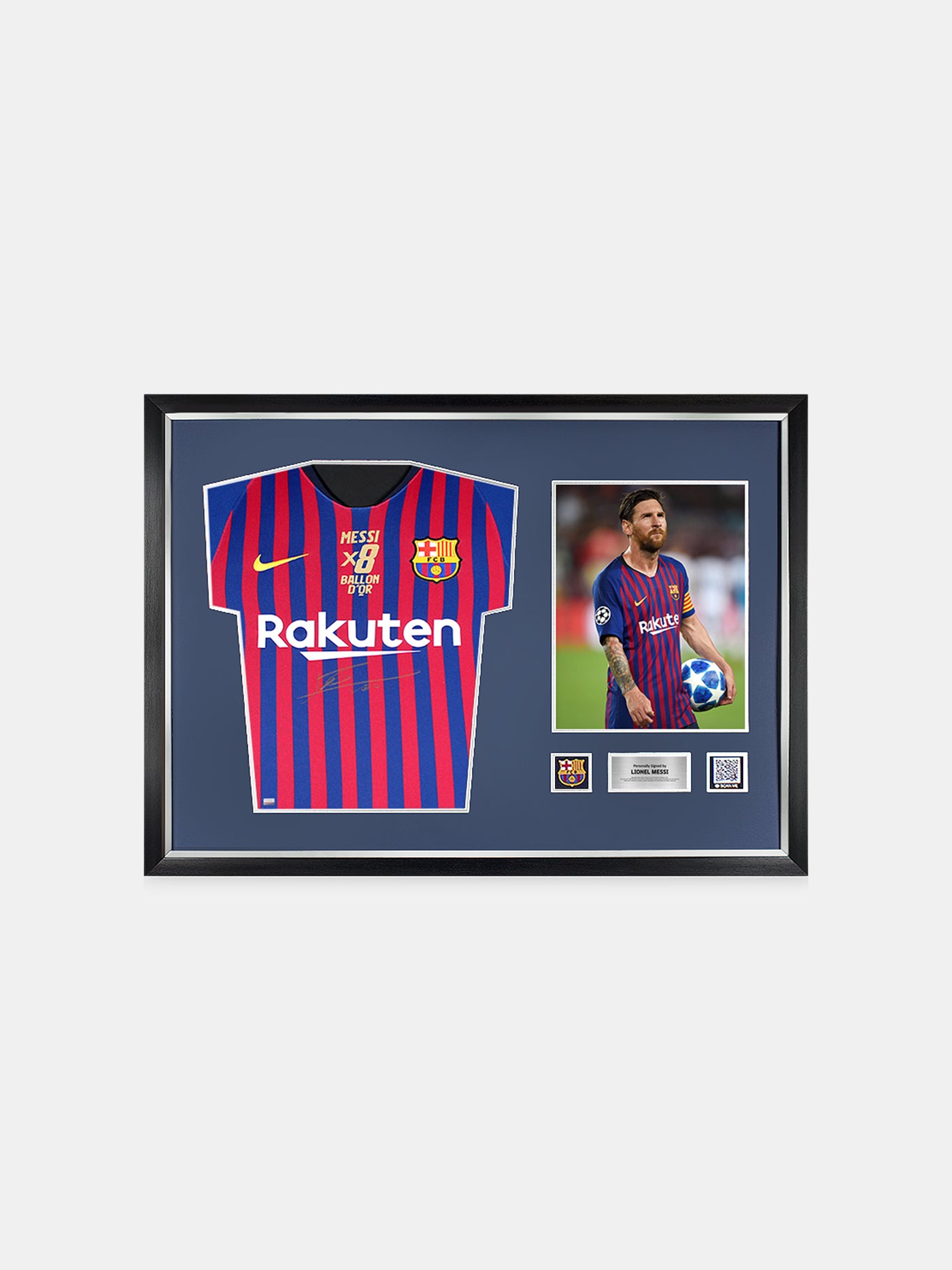 Messi FCB Front Framed 18-19 Home Gold: 8x Ballon d'Or