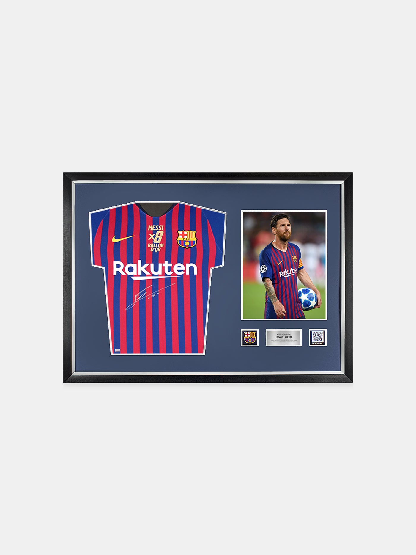 MESSI | Maillot domicile officiel du FC Barcelone signé et encadré 2018-19 signé en argent : 8x édition Ballon d'Or