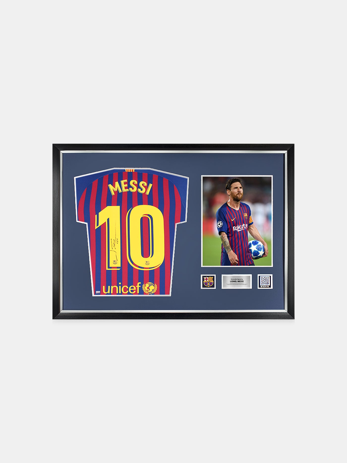 MESSI | Lionel Messi Camiseta oficial del FC Barcelona espalda firmada y enmarcada 2018-19 