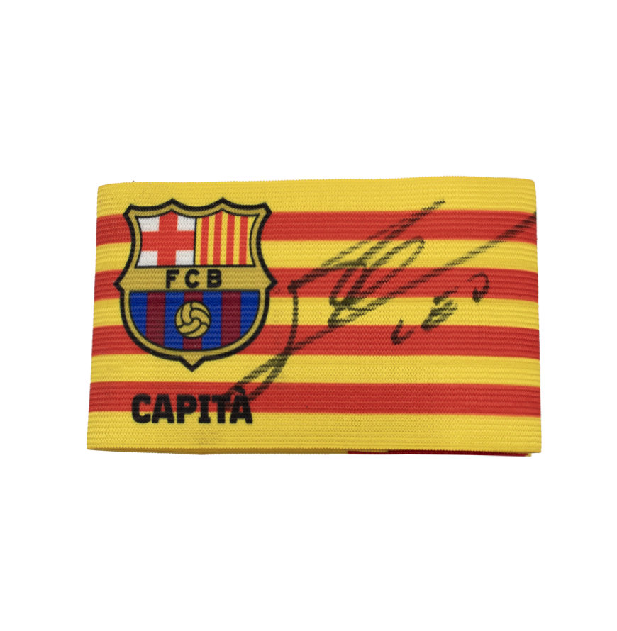 Framed FC Barcelona captain armband signed by Lionel Messi