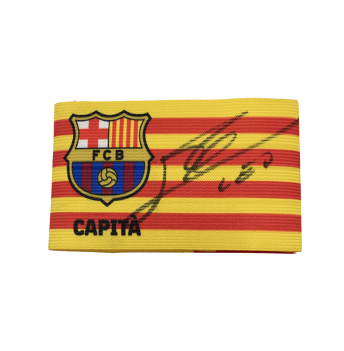 Framed FC Barcelona captain armband signed by Lionel Messi