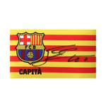 FC Barcelona captain's armband with red and yellow stripes, club crest, the word 'Capità', and a printed autograph.
