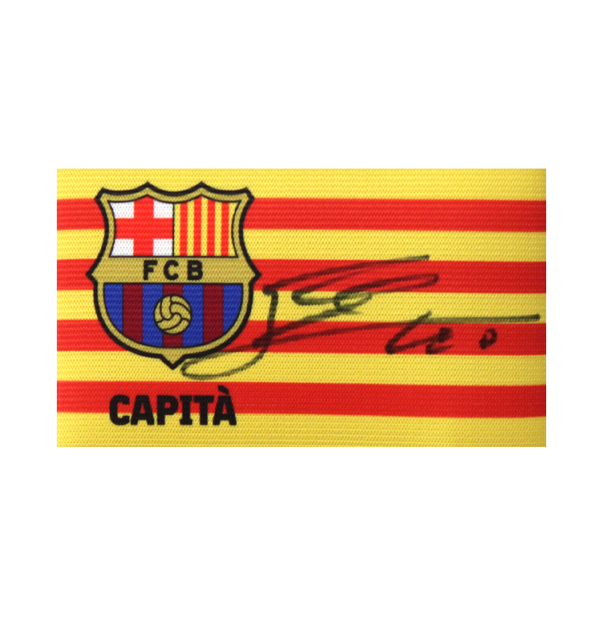 FC Barcelona captain's armband with red and yellow stripes, club crest, the word 'Capità', and a printed autograph.