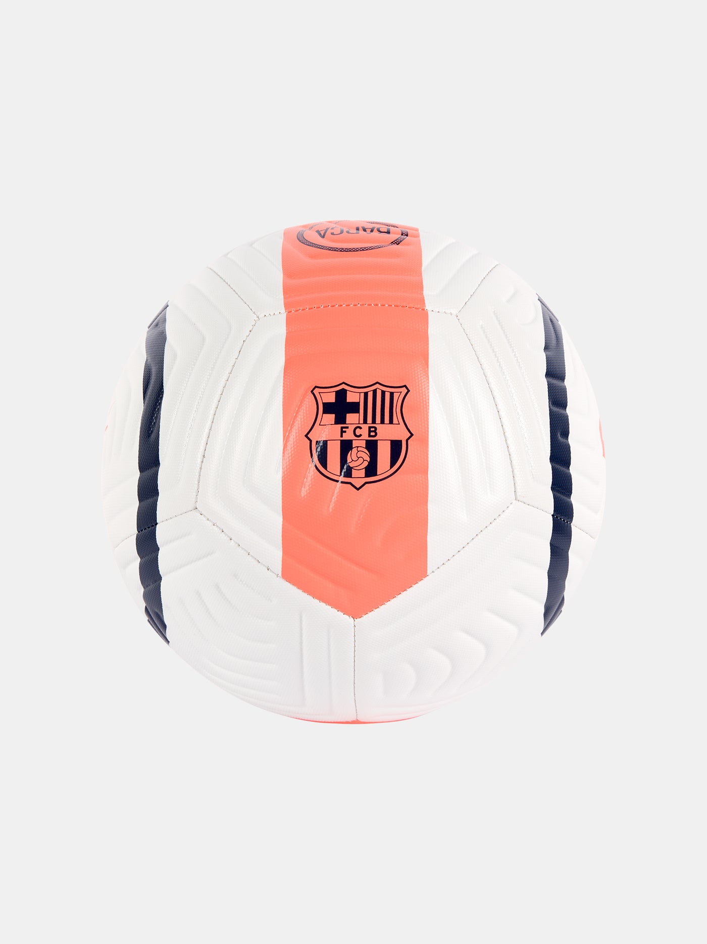White Nike football with textured panels, navy blue circular design, and coral swoosh logo