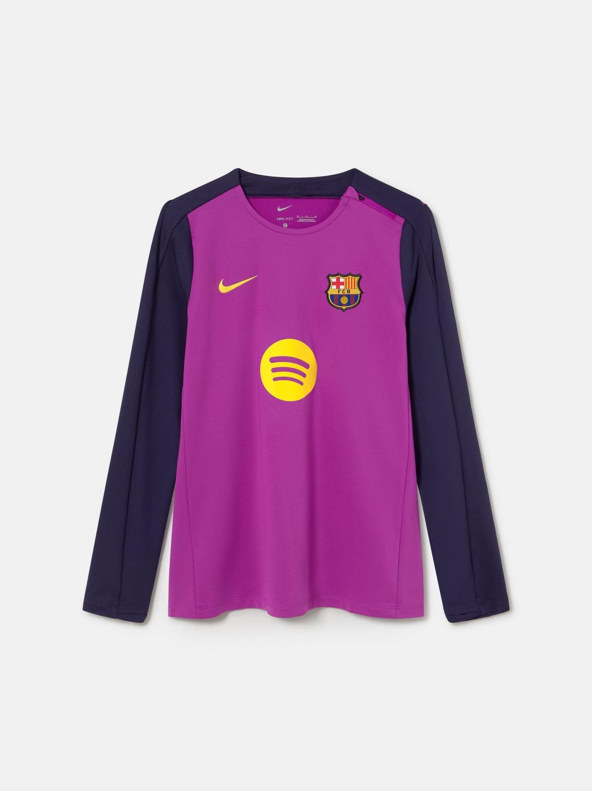 Front view of FC Barcelona 25/26 long-sleeve training top in purple with dark sleeves, featuring Spotify logo, Nike swoosh, and club crest