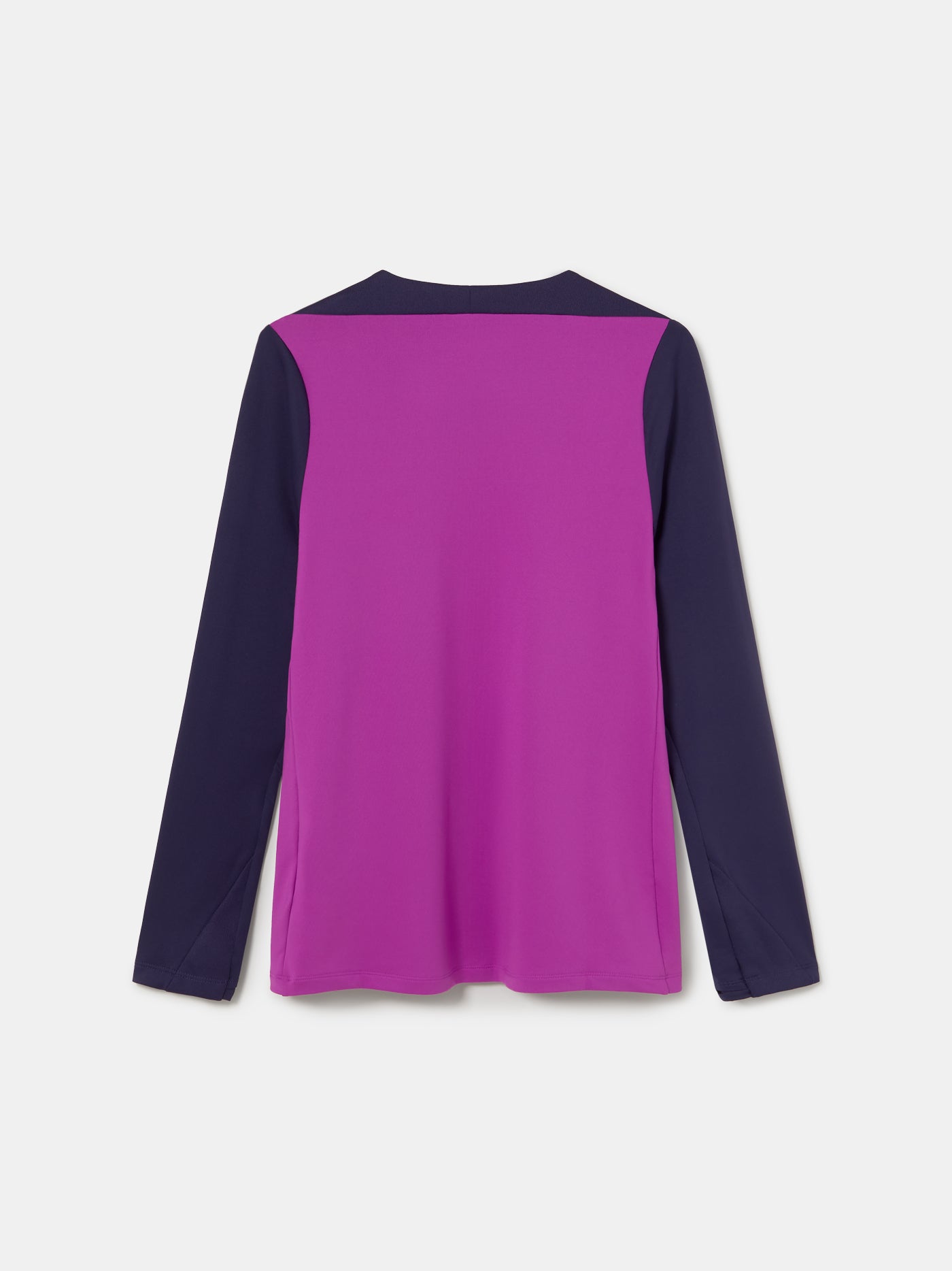 Back view of FC Barcelona 25/26 long-sleeve training top in purple with dark sleeves, featuring Spotify logo, Nike swoosh, and club crest