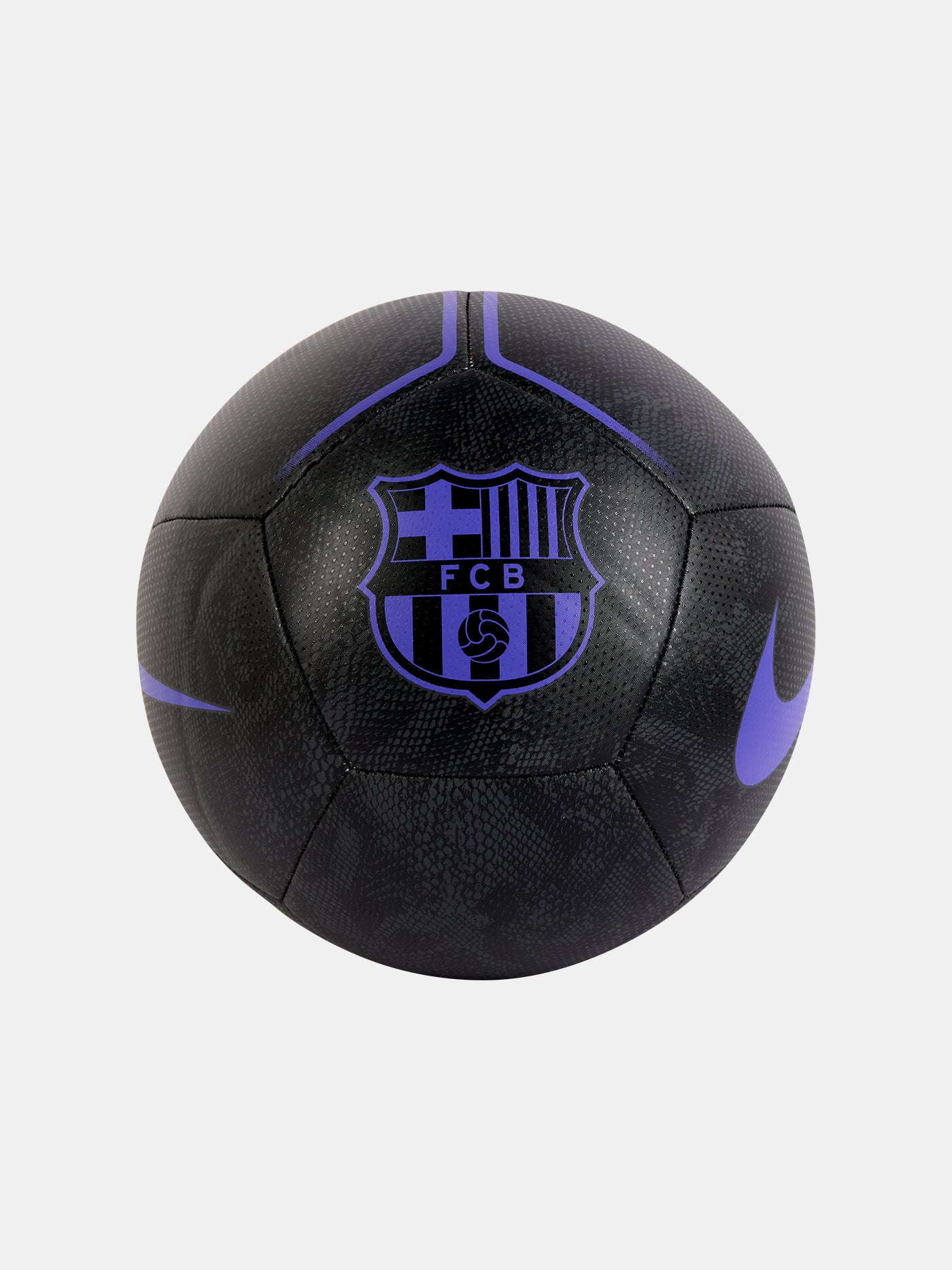Black FC Barcelona Nike football with a subtle textured pattern, featuring the Barça crest and Nike swoosh in striking purple accents