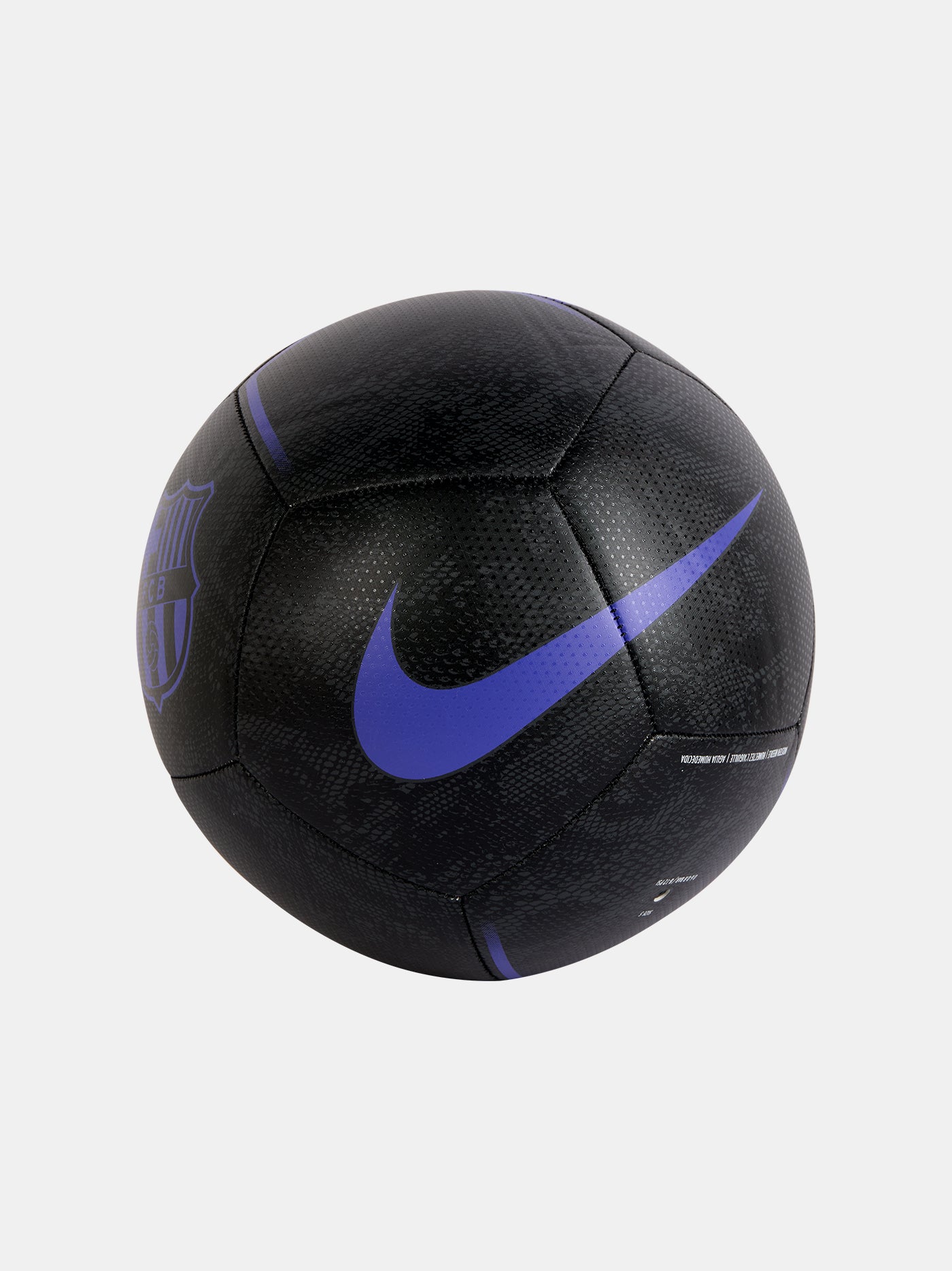 Black FC Barcelona Nike football with a subtle textured pattern, featuring the Barça crest and Nike swoosh in striking purple accents