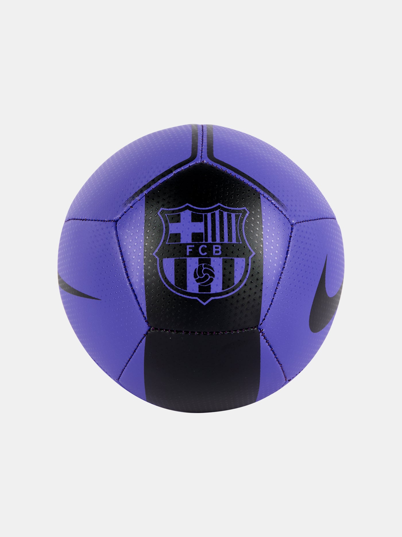 Purple and black FC Barcelona Nike soccer ball with the club crest in the center and black Nike swooshes on the sides.