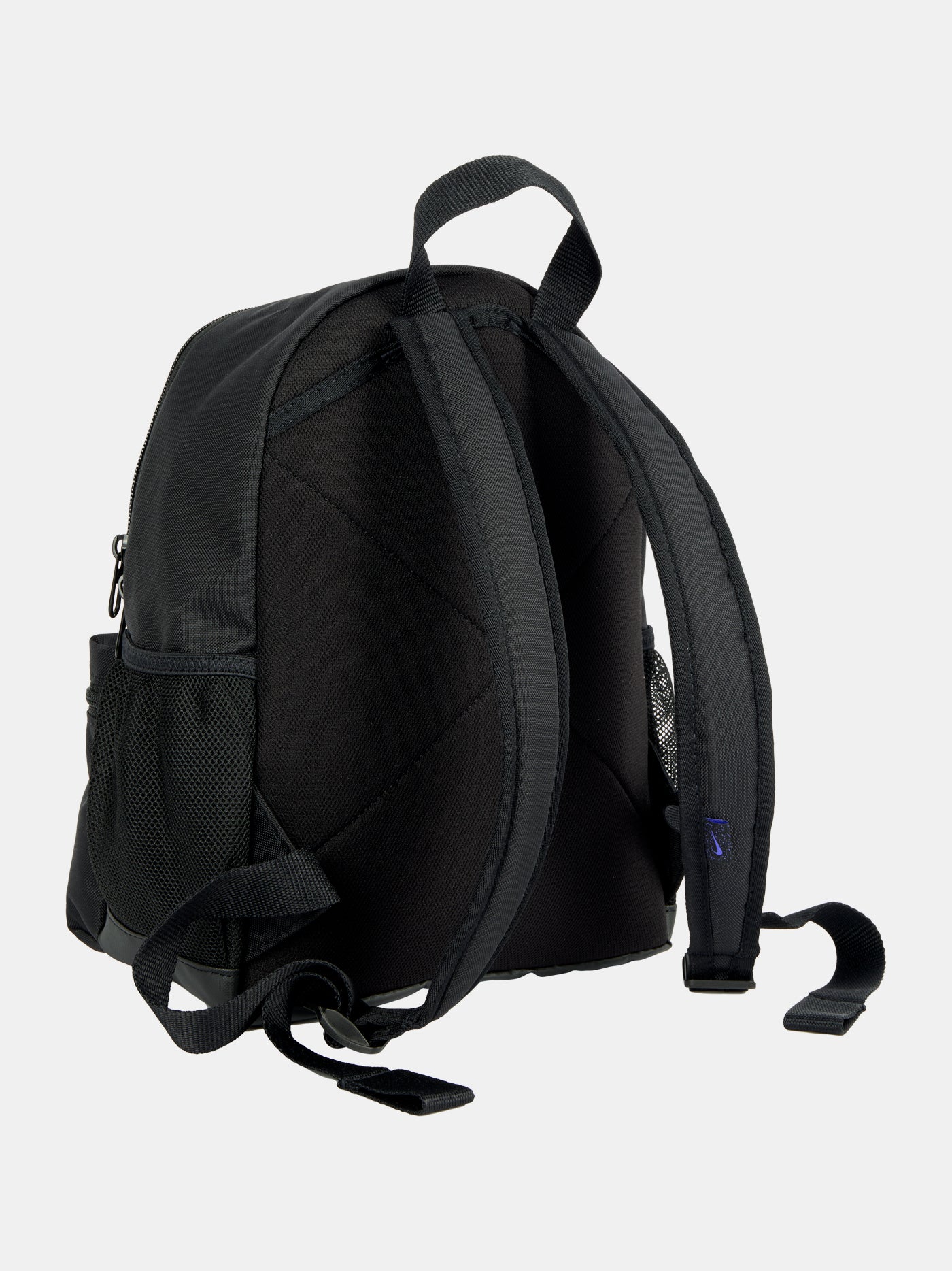 Small black FC Barcelona Nike backpack with textured upper panel, featuring the Kobe Bryant logo in blue on the front, the Barça crest with Nike swoosh in blue on the lower pocket, and a side tag reading 'Just Do It