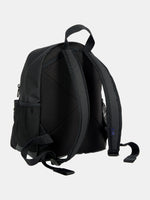 Small black FC Barcelona Nike backpack with textured upper panel, featuring the Kobe Bryant logo in blue on the front, the Barça crest with Nike swoosh in blue on the lower pocket, and a side tag reading 'Just Do It