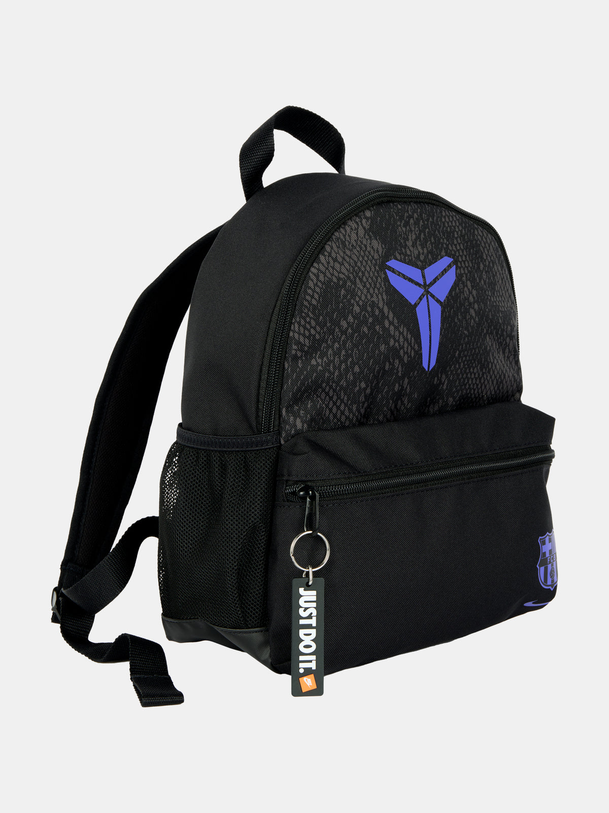 Small black FC Barcelona Nike backpack with textured upper panel, featuring the Kobe Bryant logo in blue on the front, the Barça crest with Nike swoosh in blue on the lower pocket, and a side tag reading 'Just Do It