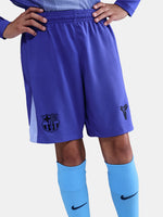 Blue shorts with a logo worn by a person on a white background